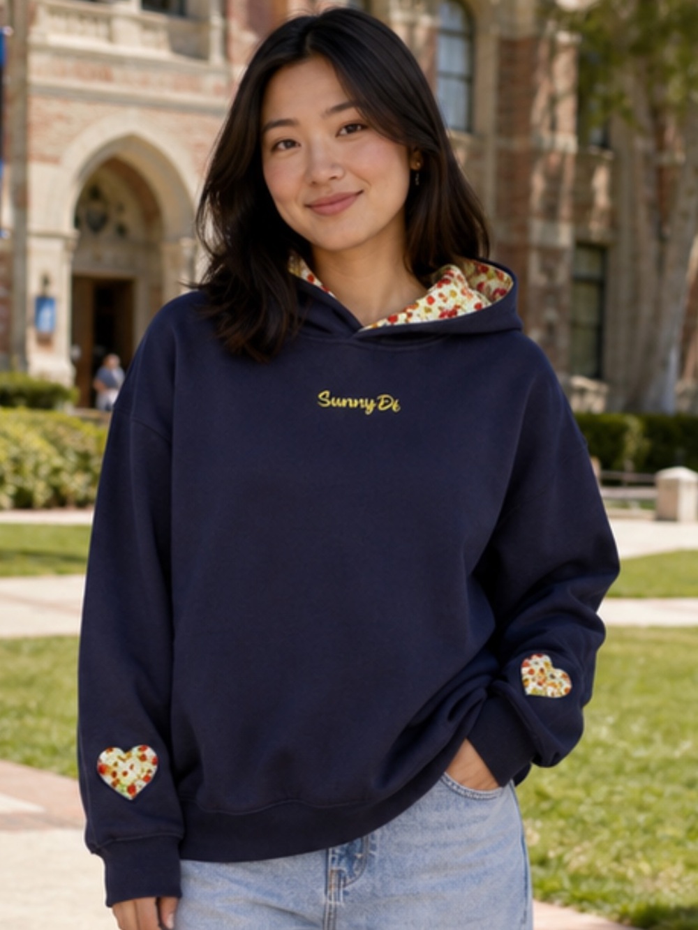 Sunny De Summer Harvest Navy Blue Floral Details Hoodie Pullover Rib Cuffs XL